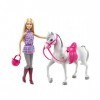 Barbie Famille poupée aux genoux articulés et son Cheval blanc avec crinière et queue grise, jouet pour enfant, DHB68