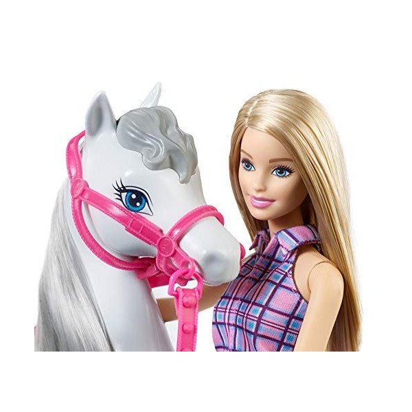 Barbie Famille poupée aux genoux articulés et son Cheval blanc avec crinière et queue grise, jouet pour enfant, DHB68