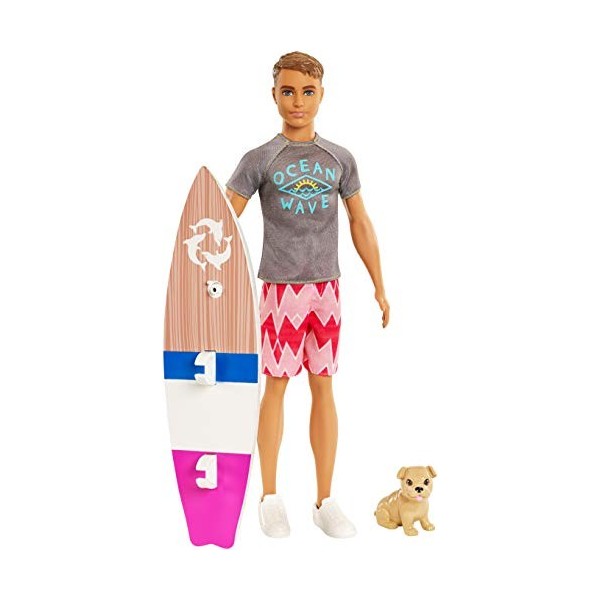 Barbie La Magie des Dauphins Ken poupée Surfeur, avec sa planche de surf et figurine de chien, jouet pour enfant, FBD71