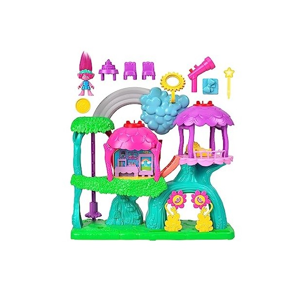 Imaginext Coffret Musical Interactif Dreamworks Trolls Cabane Arc-En-Ciel Sons Et Lumières, Figurine Reine Poppy Articulée, 7