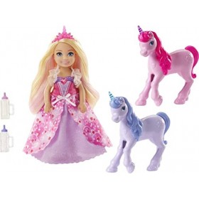 Barbie Dreamtopia Coffret Cadeau mini-poupée Chelsea Princesse avec une robe à cœurs, 2 bébés licornes et accessoires, jouet 