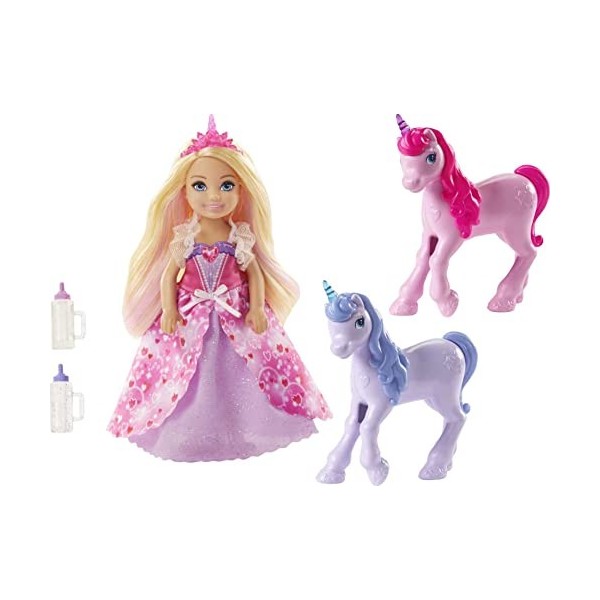 Barbie Dreamtopia Coffret Cadeau mini-poupée Chelsea Princesse avec une robe à cœurs, 2 bébés licornes et accessoires, jouet 