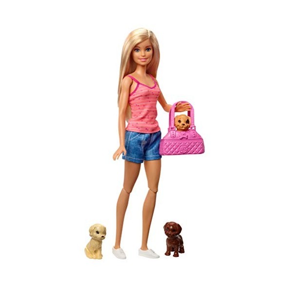 Barbie Famille coffret le Bain des Chiots, poupée brune et 3 figuri