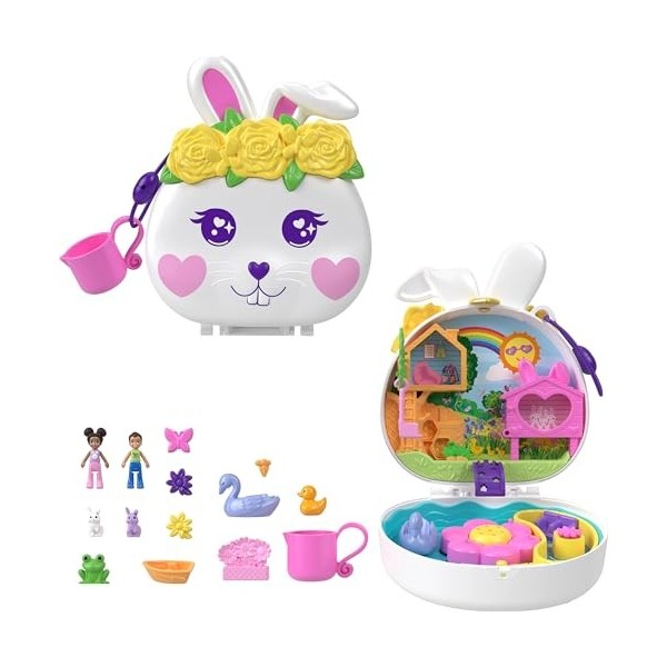 Polly Pocket Ensemble de jeu compact, lapin de jardin avec 2 micro poupées, changement de couleur et jeu deau