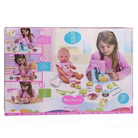 NENUCO, Quest ce quon Mange Aujourdhui, Poupon 42 cm, Cors Dur, Mange et Bois, Prépare à Manger avec Robot ou Mixeur et 10