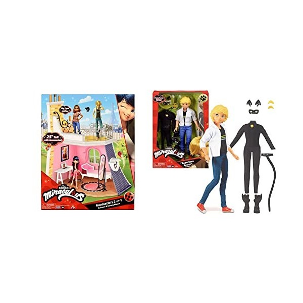Bandai - Miraculous - La chambre de Marinette - Univers de jeu compatible avec les poupées 26 cm + Chat Noir et Adrien - Poup