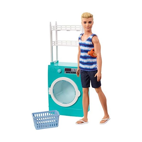 Barbie Mobilier coffret poupée Ken avec lave-linge et sèche-linge à tambour tournant, 2 accessoires inclus, jouet pour enfant