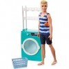 Barbie Mobilier coffret poupée Ken avec lave-linge et sèche-linge à tambour tournant, 2 accessoires inclus, jouet pour enfant
