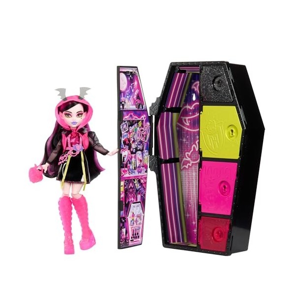 Monster High Coffret Monstrueux Secrets Série Frayeurs Néon Avec Poupée Articulée Draculaura, Casier, Plus De 19 Surprises, P