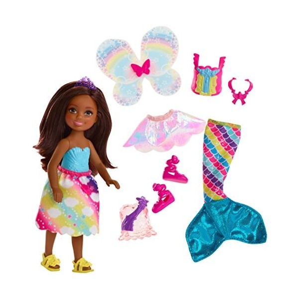 Barbie Dreamtopia Mini-poupée Chelsea Arc-en-ciel coffret 3-en-1 Brune avec trois tenues de princesse, sirène et fée, Jouet p