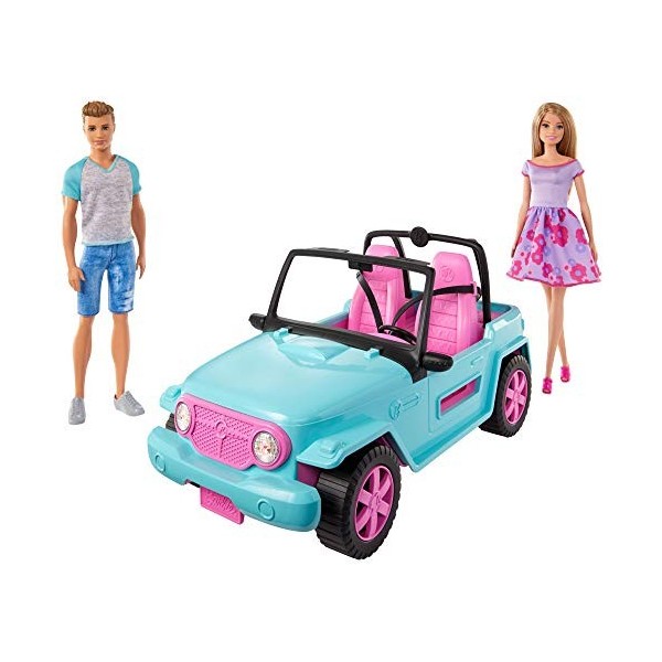 Barbie Voiture Buggy décapotable, véhicule tout-terrain bleu et rose, poupées Barbie et Ken incluses, jouet pour enfant, GHT3