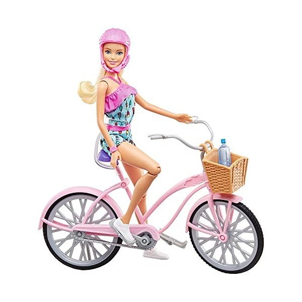 Barbie Mobilier poupée et sa bicyclette avec panier, vélo fourni avec casque rose et panier et bouteille deau, jouet pour en