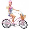 Barbie Mobilier poupée et sa bicyclette avec panier, vélo fourni avec casque rose et panier et bouteille deau, jouet pour en