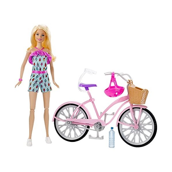 Barbie Mobilier poupée et sa bicyclette avec panier, vélo fourni avec casque rose et panier et bouteille deau, jouet pour en