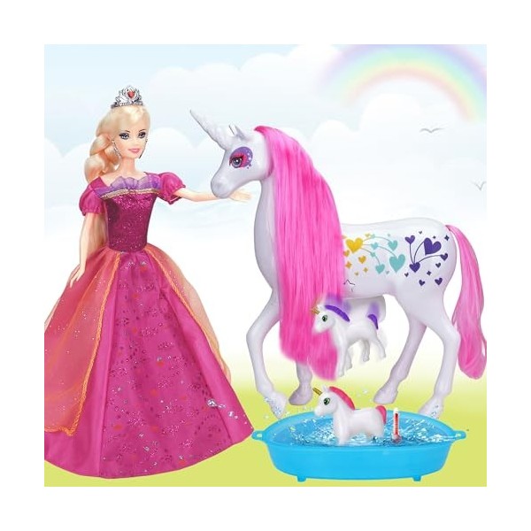 BETTINA Ensemble de jeu licorne et princesse, licorne enceinte avec 2 petites licornes changeant de couleur