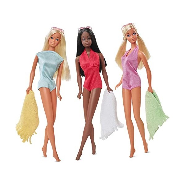 Barbie Signature Malibu poupée et ses amies, reproduction des poupées Barbie, PJ et Christie en maillot de bain de 1971, joue
