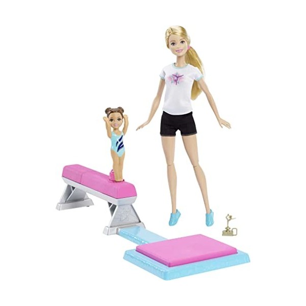 Barbie Métiers coffret professeur de Gymnastique, Poupée Blonde et son élève, avec Poutre et Accessoires, Jouet pour Enfant, 