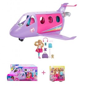 Barbie Lot Coffret Poupée Pilote avec Jet Privé HCD49 + Mini-Poupée ​Chelsea Voyage Blonde FWV20 , Détails Réalistes, Thèm