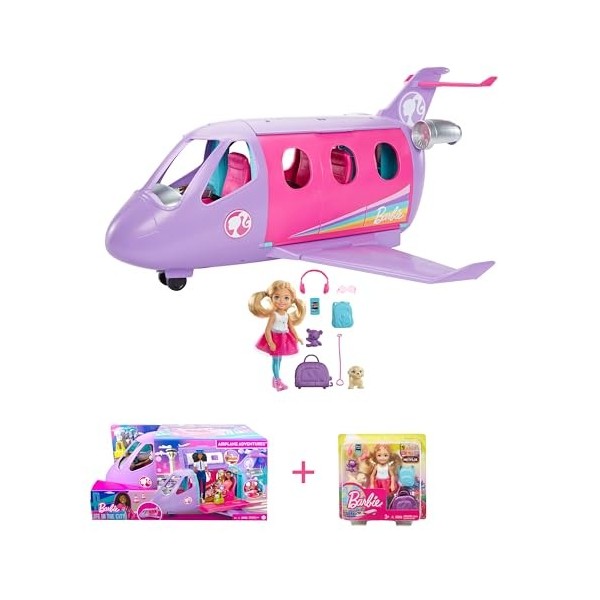 Barbie Lot Coffret Poupée Pilote avec Jet Privé HCD49 + Mini-Poupée ​Chelsea Voyage Blonde FWV20 , Détails Réalistes, Thèm