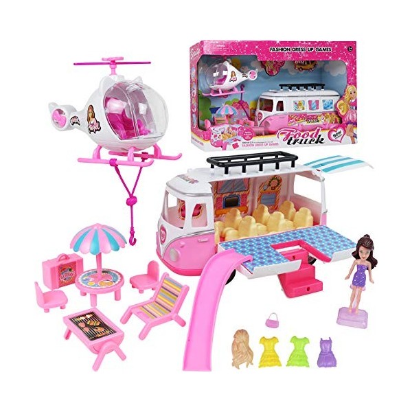 TeganPlay Ensemble de jeu de camping-car pour filles comprenant une poupée dhélicoptère et beaucoup daccessoires pour les e