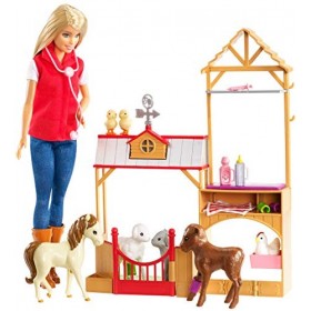 Barbie Métiers coffret Vétérinaire à la ferme avec poupée blonde, 7&nbsp;animaux et 10&nbsp;accessoires, jouet pour enfant, GCK86