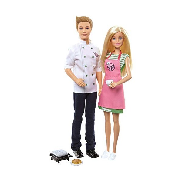 Barbie et Ken Coffret Cuisiniers, poupées avec tenues de chef et tablier, accessoires de cuisine et grille-pain, jouet pour e