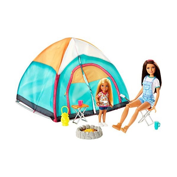 Barbie Famille Coffret tente Camping Fun, poupées Skipper et Chelsea avec accessoires, jouet pour enfant, FNY39