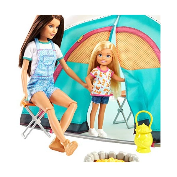 Barbie Famille Coffret tente Camping Fun, poupées Skipper et Chelsea avec accessoires, jouet pour enfant, FNY39