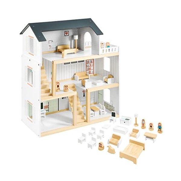 Mamabrum Maison de Poupées en Bois 70 x 30 x 60 CM pour Enfants + 3 Ans avec Grande Terrasse 4 Figurines, 3 Etages, 2 Chambre