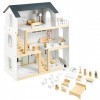 Mamabrum Maison de Poupées en Bois 70 x 30 x 60 CM pour Enfants + 3 Ans avec Grande Terrasse 4 Figurines, 3 Etages, 2 Chambre