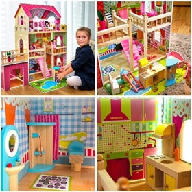 Kinderplay Grande Maison en Bois pour Poupées - Très Jolie Maison Barbie De Poupée en Bois, De 90 Cm, Éclairage LED, GS0020