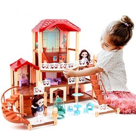 deAO Maison de Poupée pour Enfants Jouet DIY Maison de Rêve avec 2 Poupées, Meubles, Cour, Poupée Chien et Accessoires Villa 