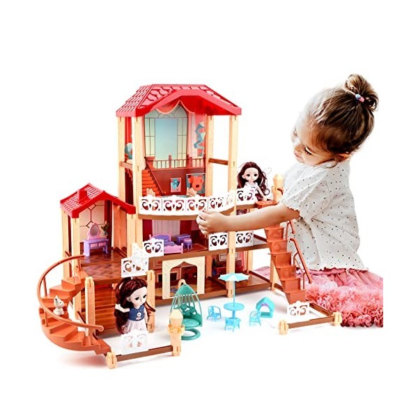 deAO Maison de Poupée pour Enfants Jouet DIY Maison de Rêve avec 2 Poupées, Meubles, Cour, Poupée Chien et Accessoires Villa 