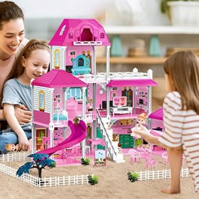 deAO Maisons de poupées et Jouets avec Meubles,Accessoires et Toboggan, et Plus Encore, Grandes Maisons de DIY poupées de Jeu