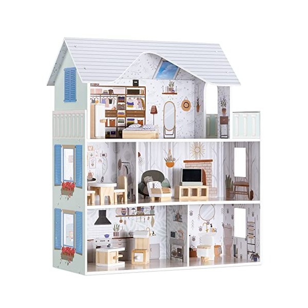 Navaris Maison de poupée – Jouet Moderne pour Enfants à Assembler 69,5 x 62 x 27 cm – Maisonnette avec 3 étages 5 pièces 1 Ba