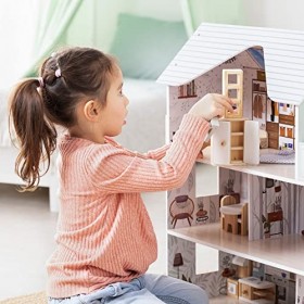 Navaris Maison de poupée – Jouet Moderne pour Enfants à Assembler 69,5 x 62 x 27 cm – Maisonnette avec 3 étages 5 pièces 1 Ba
