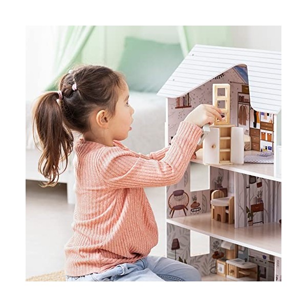 Navaris Maison de poupée – Jouet Moderne pour Enfants à Assembler 69,5 x 62 x 27 cm – Maisonnette avec 3 étages 5 pièces 1 Ba