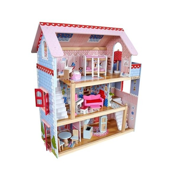 KidKraft Maison de Poupée Chelsea en Bois incluant Accessoires et Mobilier, 3 Étages de Jeu, pour Mini Poupées de 12 cm, Joue