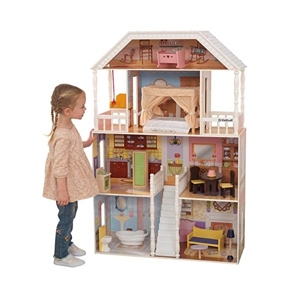 KidKraft Maison de Poupée en Bois Savannah avec Accessoires et Mobilier, 4 Étages de Jeu avec Fauteuil Suspendu et Lit à Bald