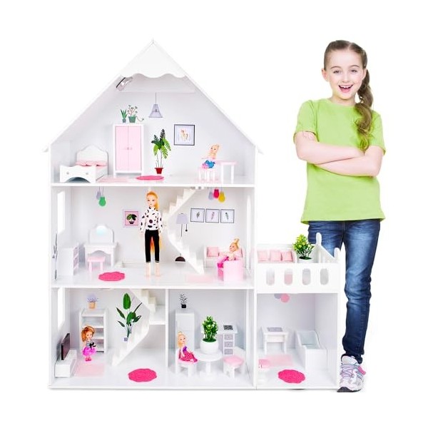 Green series Grande Maison Poupee Bois - de poupée Barbie, Version avec Accents Roses, avec 57 Accessoires, Maison de Poupee 