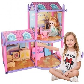 Maison de Poupée Dream House Girls Princess Dollhouse Playmat and Dolls DIY Playhouse with Accessoire Furniture and Home Deco