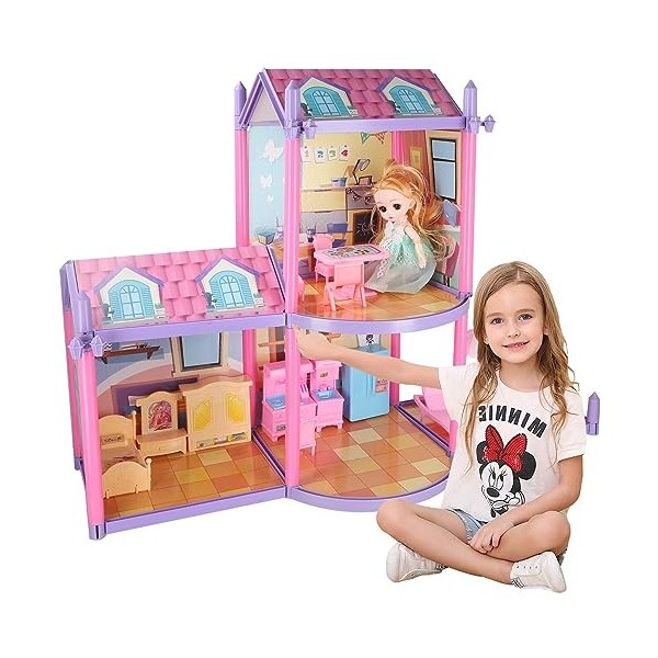 Maison de Poupée Dream House Girls Princess Dollhouse Playmat and Dolls DIY Playhouse with Accessoire Furniture and Home Deco