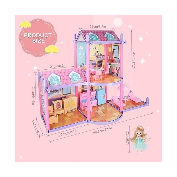 Maison de Poupée Dream House Girls Princess Dollhouse Playmat and Dolls DIY Playhouse with Accessoire Furniture and Home Deco