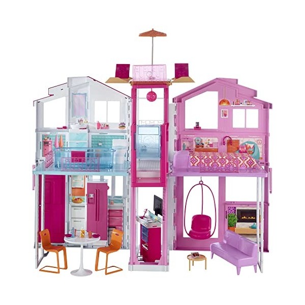 Barbie Mobilier Grande Maison de poupée de Luxe à 2 étages et 4 pièces dont cuisine, chambre, salle de bain et accessoires, j