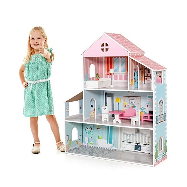 COSTWAY Maison de Poupées en Bois avec 8 Meubles 3 Étages et 6 Pièces Salle de Jeux Jouets pour Enfant de 3 à 7 Ans 71 x 23,5