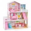 COSTWAY Maison de Poupée en Bois à 3 Etages avec 5 Pièces et 10 Meubles, Maison Barbie Rose avec Autocollants Princesses, Jeu