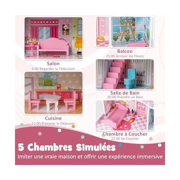 COSTWAY Maison de Poupée en Bois à 3 Etages avec 5 Pièces et 10 Meubles, Maison Barbie Rose avec Autocollants Princesses, Jeu
