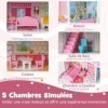 COSTWAY Maison de Poupée en Bois à 3 Etages avec 5 Pièces et 10 Meubles, Maison Barbie Rose avec Autocollants Princesses, Jeu
