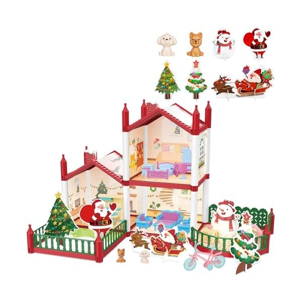 deAO Maison de poupée de Noël, Maison de poupée de rêve avec Accessoires Maison de poupée de Jardin Maison de Princesse pour 