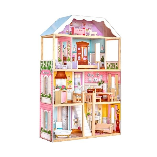 KidKraft Maison de Poupée en Bois Charlotte incluant Accessoires et Mobilier Classique, 3 Étages de Jeu avec Lit à Baldaquin 